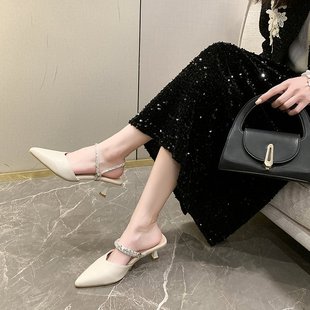 Spring 2025 New Korean Style Rhinestone Two-Wear High Heel Sandals Fashionable Baotou Half Slippers Thin Heel Sandals Women's Shoes