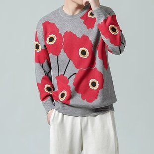 2024 Winter New Round Neck Thickened Men's Sweater Color Contrast Christmas Autumn and Winter Fashionable Brand Knitted Base Shirt