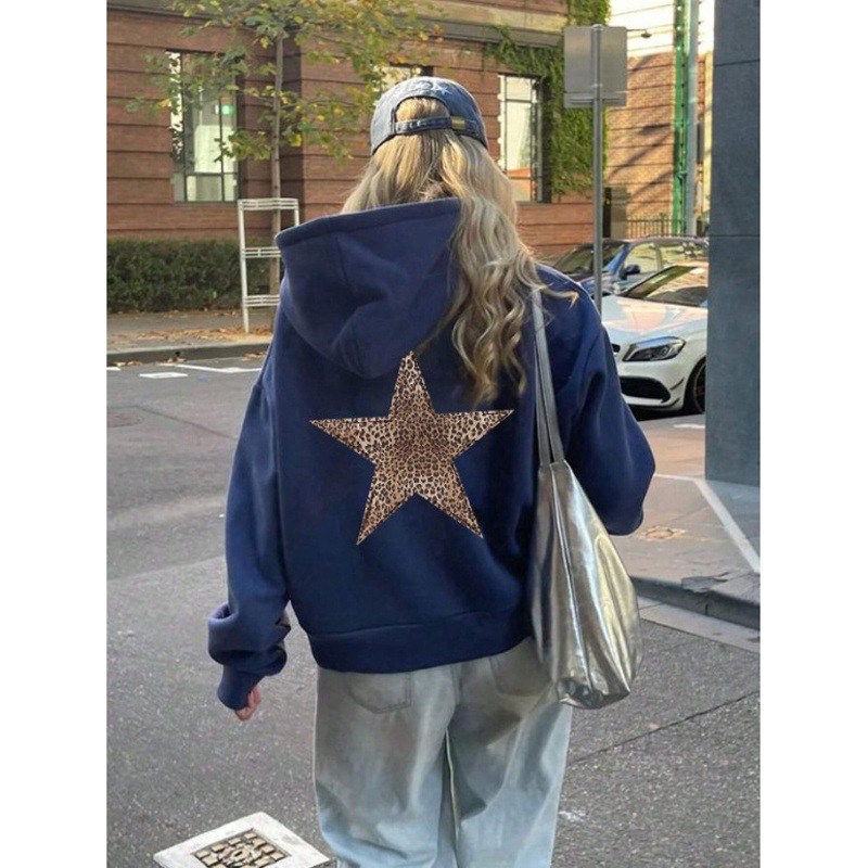 유럽 ​​사이즈 EZwear Leopard Print & Star Design Hoodie 유럽 및 미국 맞춤형 스트리트웨어