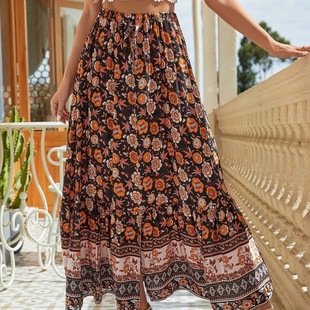 Spring and Summer versatile high waist printed long skirt split skirt seaside holiday beach skirt super fairy A- line swing skirt for women