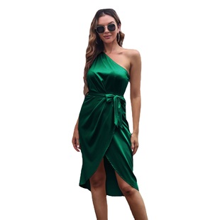 Amazon popular Real shot single shoulder dress satin satin Satin wrapped skirt women's new European and American cross-border women's clothing