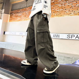 Korean Style Boys' Autumn and Winter Straight Barrel Paratrooper Crane Pants 2024 New Style Middle and Large Children's Pants Children's Pure Cotton Pants