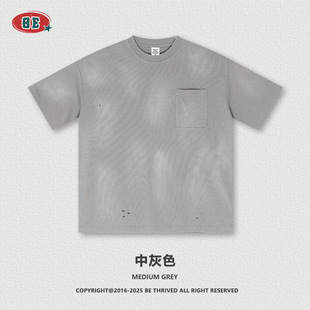 BE men's clothing | 2025 summer American retro spray horse monkey small worn T-shirt double yarn fabric hole patch bag short sleeve men