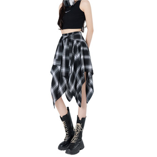 Irregular Strap Skirt Women's 2025 Summer Design Sense Niche Plaid A- Line Skirt Plaid Elements
