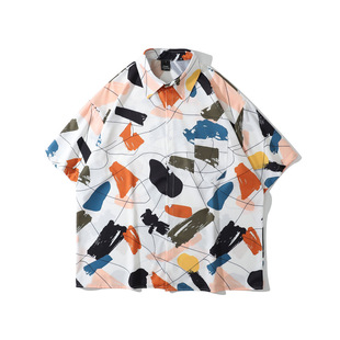 Retro Hong Kong Style Short Sleeve Shirt Men's Korean Style chic Design Sense Niche Loose bf Style Abstract Pattern Flower Shirt for Summer