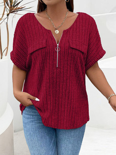 2024 Amazon spring and summer new solid color plus size women's top zipper short sleeve fake pocket pullover T-shirt loose