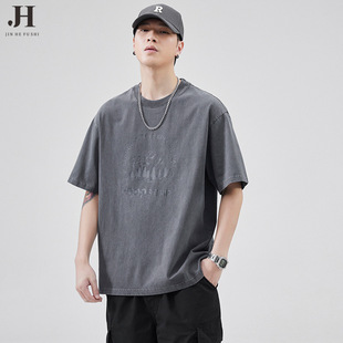 Summer Casual Pure Cotton Short-sleeved T-shirt Men's Loose Crewneck Pullover Printed Half-sleeved Top Men's Water Base Shirt