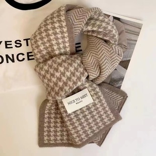 Korean Style New Houndstooth Knitted Double-Sided Autumn and Winter Warm Fashion Classic Neck All-Match Couple Trendy Scarf for Women