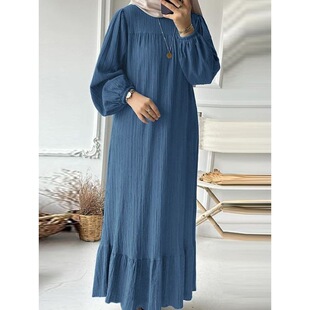 2024 Muslim Women's Robe Spring and Autumn New Fashion Puff Sleeve Vintage Pocket Hem Ruffled dress