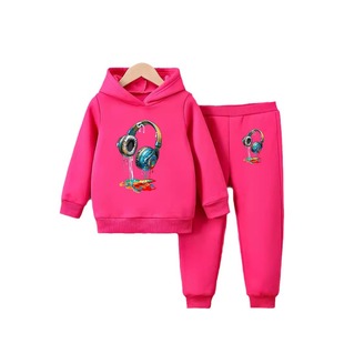 Foreign trade wholesale girls fashion sweater two-piece cartoon children cool headphones autumn and winter fleece-lined pullover suit