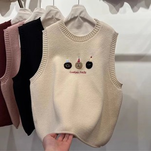 2024 Spring and Autumn Women's Crewneck Embroidered Sweater Vest Japan and South Korea Cross-border All-match Outer Wear Sleeveless Sweater Top