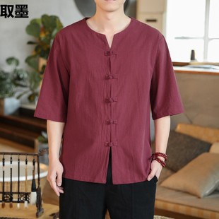 Summer Chinese Style Men's Short-sleeved Shirt Jacket Men's Vintage Buckle Cotton Linen Half-sleeved Trendy Brand Half-sleeved Shirt