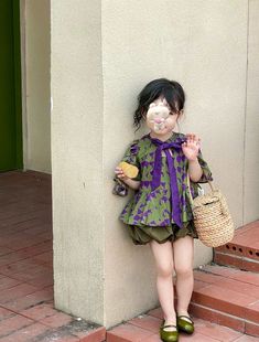 Korean Style Girl's Summer Full Print Purple Balloon Bow Doll Shirt Dark Green Flower Bud Shorts suit Separate