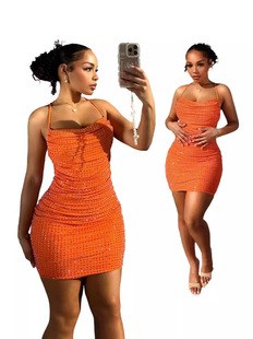 D8668 Spring and Summer New European and American Women's Solid Color Rhinestone Neck Strap Low Waist dress Amazon in stock