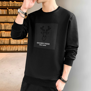 2023 New Spring and Autumn Long Sleeve T-Shirt Men's Deer Head Embroidered Base Shirt Autumn Clothes Casual Sweater Men's Wear