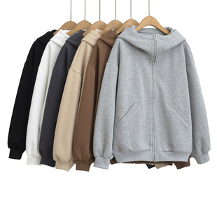 American Style Grey Zipper Hooded Sweater Coat Women's Spring Autumn and Winter Loose oversize Design Sense Outer Cardigan