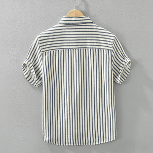 8023 Japanese literary striped short sleeve shirt men's fashion Joker casual literary loose top a generation of hair