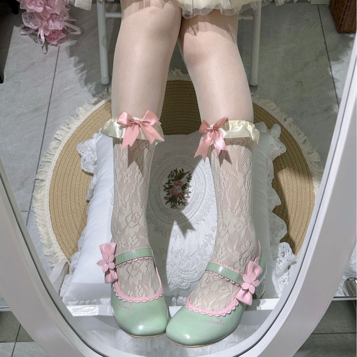 2026 Summer Thin Sweet Bow Satin Lace Mid-Calf Socks for Women Lolita Cute Socks
