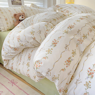 Small fresh spring and autumn cotton bed four-piece set 2025 new cotton floral girl quilt cover bedding three-piece bedding