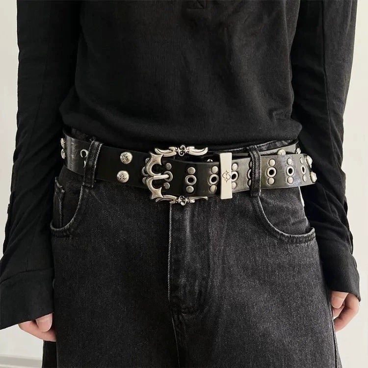 Dark Gothic Punk Rock Studded Denim Belt with Unique Texture, Double-Row Design, New Style Ins