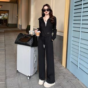 Black Casual Sports suit Women's Spring and Autumn 2025 New Super Hot Slim Elegant Sweatshirt Wide Leg Pants Two-piece Set