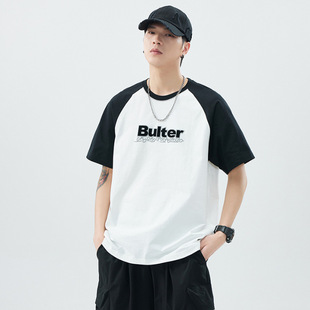 Heavy American Raglan Sleeve Short-sleeved T-shirt Men's Summer New Loose Stitching Top Black White Solid Color Top