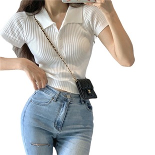 Summer 2023 Internet Celebrity Slim fit slimming short top Korean style French retro small lapel short sleeve knitted T-shirt for women