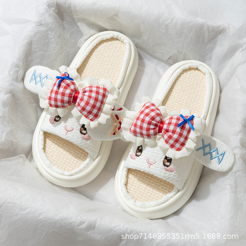 Linen slippers, Lolita style, bow-adorned bunny cotton and linen slippers, suitable for all seasons, girly style, bedroom, home, sweat-absorbent floor shoes