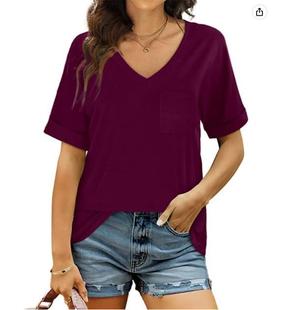 2022 Amazon Women's Spring and Summer Collar Pocket V-neck T-shirt Cross-border European and American Curled Short-sleeved Loose Top