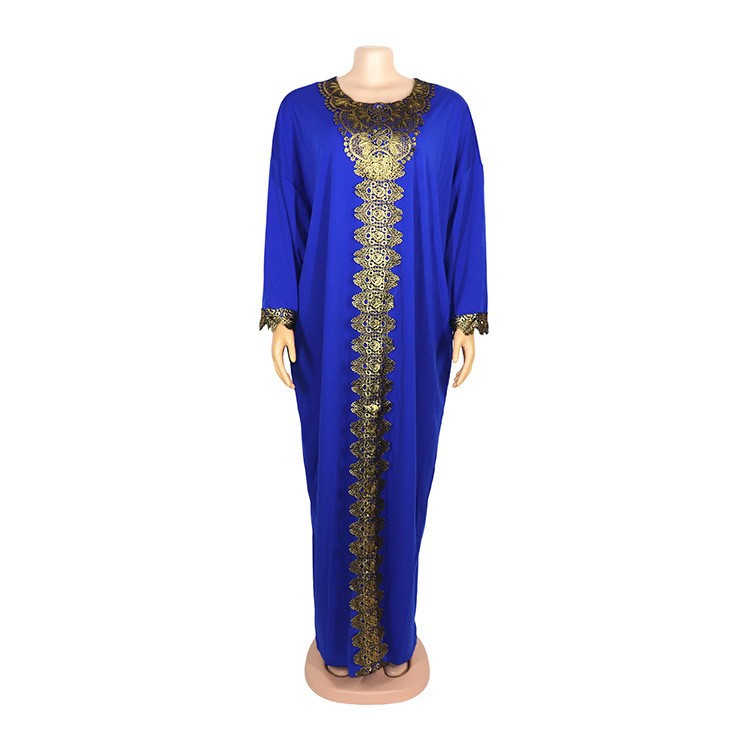 African Ins-Style Women's Clothing, Stretchy Robe with Gold-Edged Lace, Round Neck, Large Hem Dress