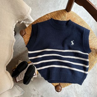 Children's Sweater 2024 Autumn New Men's and Women's Children's Wear Weaving Striped Embroidered Vest Baby Pullover Wool Vest