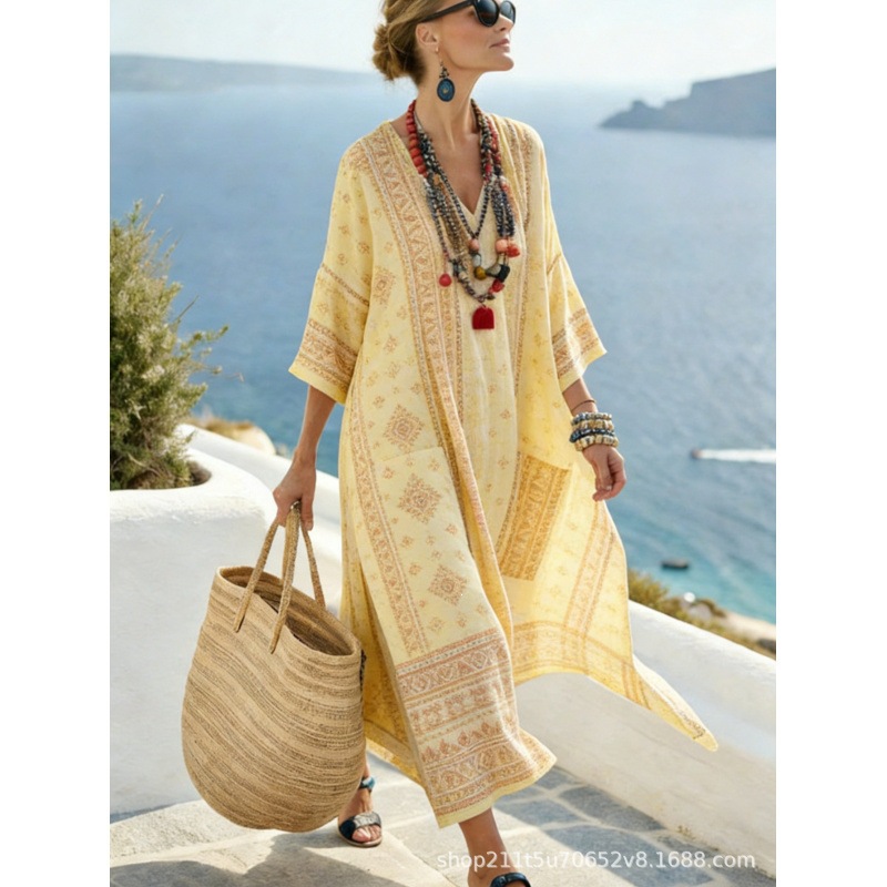 2026 Cross-Border European and American Bohemian Style Women's Dress for Seaside Vacation, Elegant and Fashionable Print