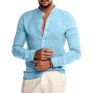 2024 Amazon ebay AliExpress Explosions Autumn and Winter V-neck Linen New Cardigan Collar Long Sleeve Men's Shirt