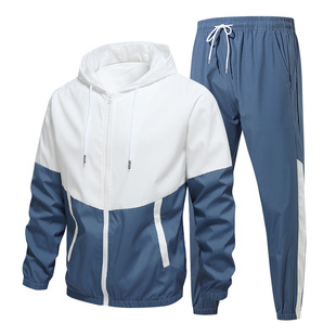 Factory direct supply spring and autumn men's sports leisure suit stitching color matching cross-border hooded coat sports suit