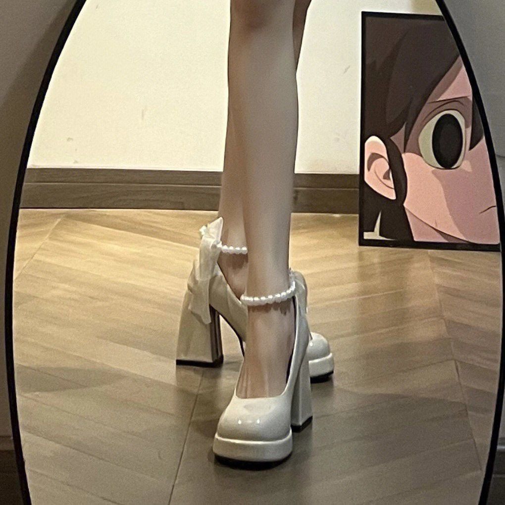 High heel leather shoes for women Spring and Autumn 2024 new white French wedding shoes retro thick heel platform height increasing Mary Jane shoes