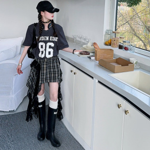 Girl's Summer suit 2025 New Style Girl's Fashionable Shoulder Pad Short Sleeve Irregular Plaid Lace Skirt Two-Piece Set