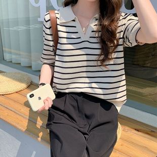 2025 New Retro Stripesd Loose Polo Collar Short-Sleeved T-Shirt Knitwear for Women Summer Sweet and Chic Top