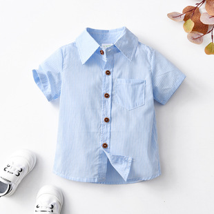 2022 Boys' Striped Short-sleeved Shirt Small and Medium-sized Children's Bao Summer Cardigan Dress Formal Top for Banquet