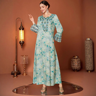 ZF4095 New Loose Artistic Holiday Style Printed Embroidered Beads Long Sleeve dress Women