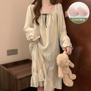 Source Factory with Chest Pad Detachable Bubble Cotton Autumn New Nightgown Long Sleeve Printed Princess Style Home Clothes M-XX