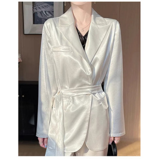 White Acetic Acid Satin Small Suit Coat Women's 2025 Spring and Autumn New Loose Casual Elegant Short Suit Top