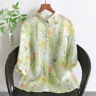 Mori Girl Artistic Ramie Printed Shirt Short-sleeved Women's Lapel Floral Top Base Shirt Ramie Shirt Top Women's Clothing