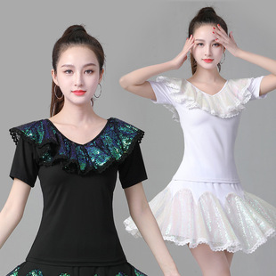 Latin Dance Costume New Embroidered Sequin Top Modern Dance Ballroom Dance Short Sleeve Top Jitterbug Dress