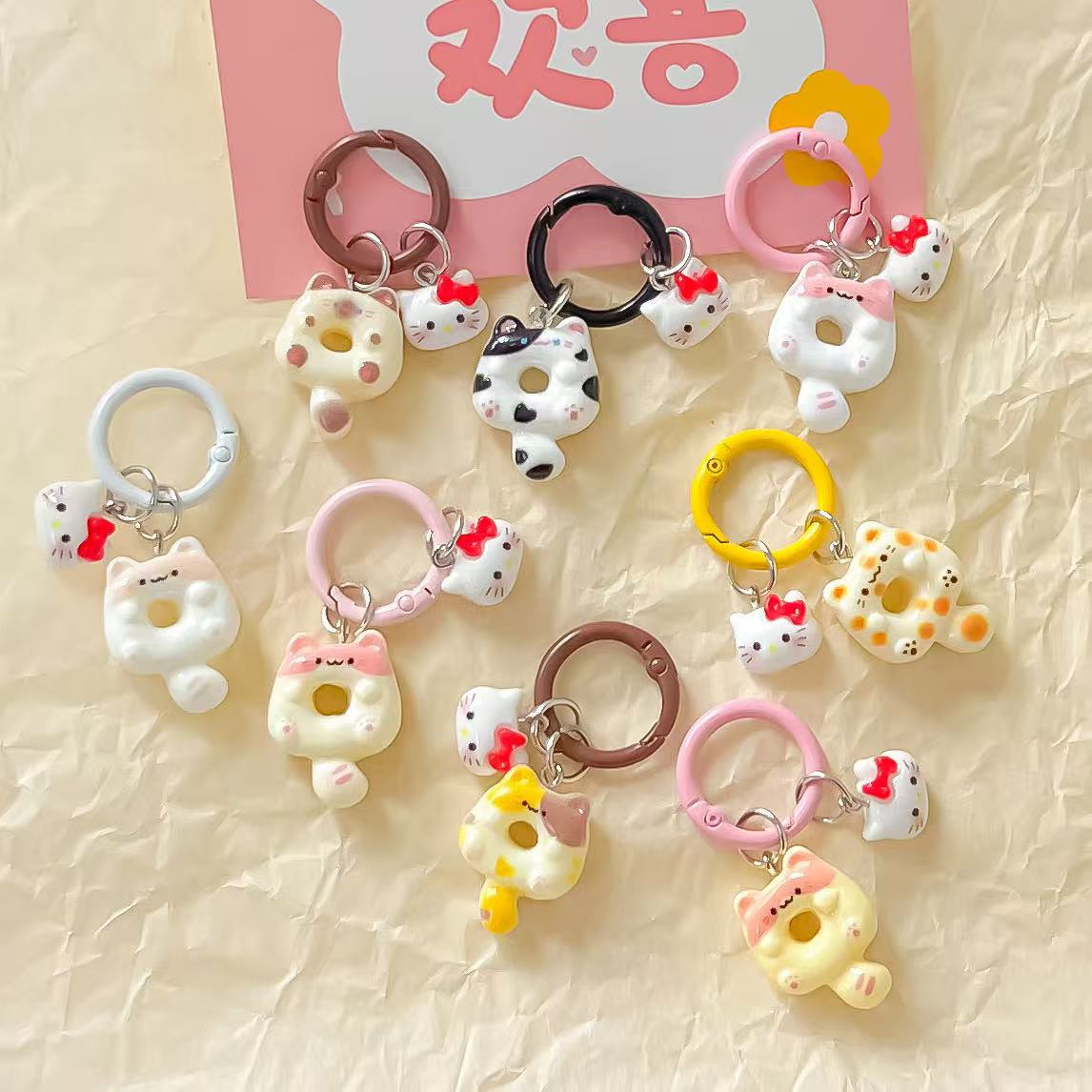 Cute Cartoon Cat Donut Resin Pendant Keychain Backpack Earphone Accessory Girly Gift for Best Friend