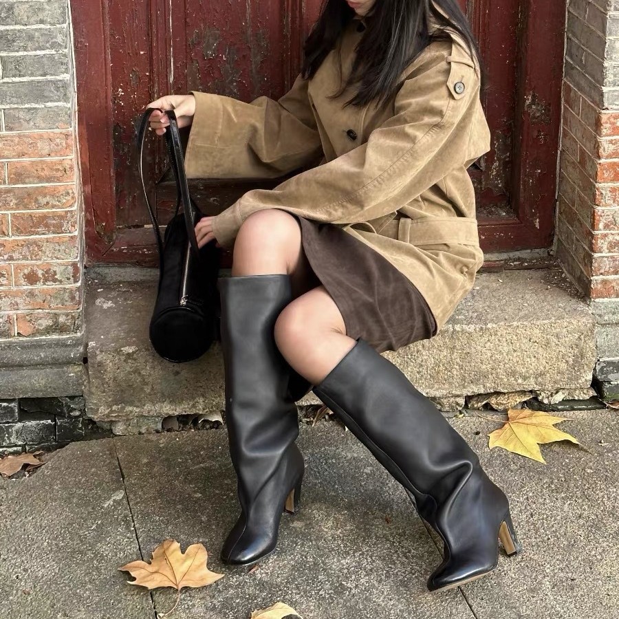 Cowhide Version~2026 New Style Soft Sheepskin Comfortable and Fashionable Slouch Boots for Women, High Heels, Chunky Heel Long Boots, High Tube Boots for Winter