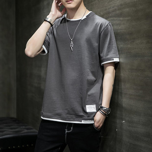 Fake Two-piece 2024 New Summer Pure Cotton T-shirt Short-sleeved T-shirt Men's Top Clothes Half-sleeved Men's Clothing Men's Pure Cotton