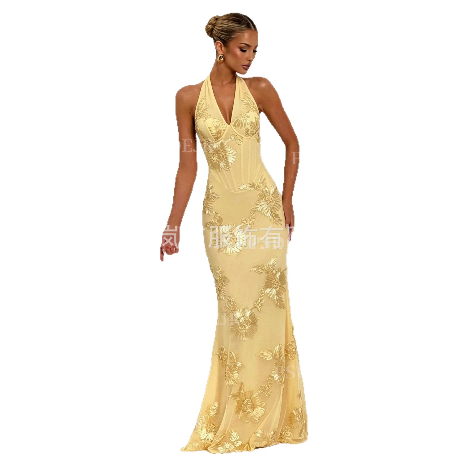Cross-Border Foreign Trade Halter Neck Long Printed Evening Dress, High-End Slim-Fit Slimming Party Dress with a Sense of Luxury and Fashion