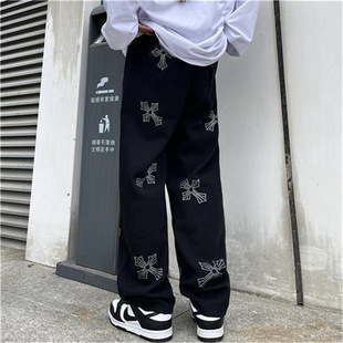 American Style Sweatpants Spring and Autumn New Cross Printed Wide Leg Pants Men's and Women's Straight Loose Street Casual Sports Pants