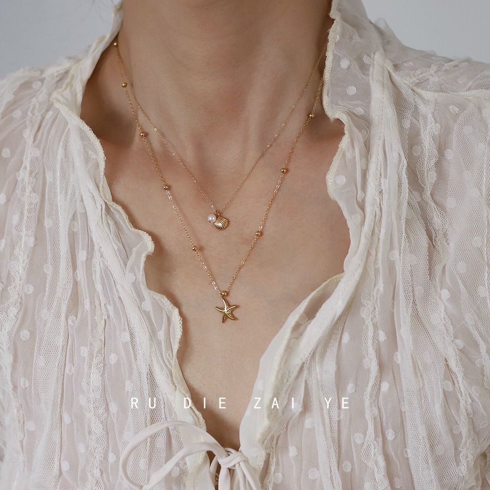 Kuning Non-Fading! Starfish Shell Titanium Steel Double-Layer Necklace with a High-End Resort Style, No Need to Remove for Bathing, Clavicle Chain