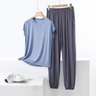 Modal Loose Pajamas suit Women's Thin Summer Round Neck Sleeveless T-Shirt Outer Wear Casual Home Clothes Two-piece Set